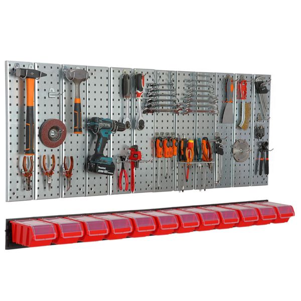 Parete Portautensili 156X72 Cm Sistema Di Stoccaggio In Metallo Con Portautensili Ganci Portautensili E 12 Scatole Di Impilamento 120 X 200 X 90 Mm Colore: Rosso Pannello Forato Officina Garage Pioliera Utensili Elettrici Parete Forata-image