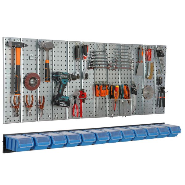 Parete Attrezzi 156X72 Cm Sistema Di Stoccaggio In Metallo Con Portautensili Ganci Per Attrezzi E 12 Scatole Di Impilamento 120 X 200 X 90 Mm Colore: Blu Cartone Forato Officina Garage Pioliera Utensili Elettrici Parete Forata-image