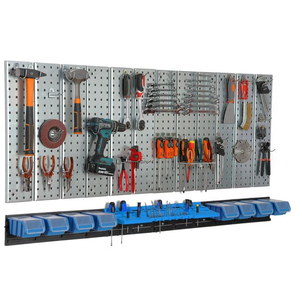 Parete Attrezzi 156X72 Cm Sistema Di Stoccaggio In Metallo Con Portautensili Ganci Per Attrezzi E 8 Scatole Di Impilamento 100 X 150 X 70 Mm Colore: Blu Cartone Forato Officina Garage Pioliera Utensili Elettrici Parete Forata-image