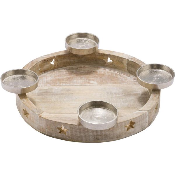 3.08 Portacandele In Legno 35 Cm Con 4 Piastre Per Candele In Alluminio - Modello: Rotondo / Colore: Bianco / Lavato-image