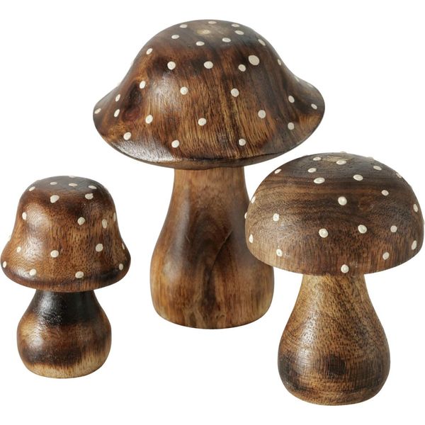 Espositore Decorativo Per Funghi In Legno Di Mango - Set Di 3 - Funghi Piccoli A Puntini-image