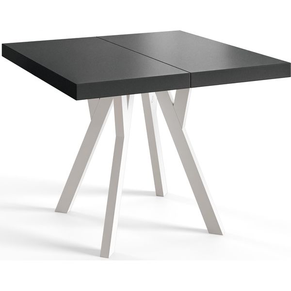 Tavolo Da Pranzo Quadrato Rico, Tavolo Allungabile, Dimensioni: 120-220X120X77 Cm, Tavolo Da Soggiorno Colore: Nero, Con Gambe In Legno Colore Bianco-image