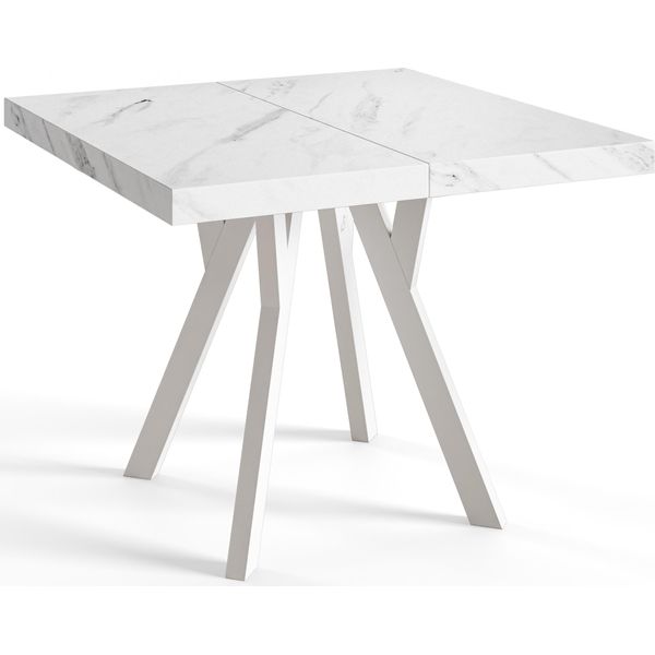 Tavolo Da Pranzo Quadrato Rico, Tavolo Allungabile, Dimensioni: 120-220X120X77 Cm, Tavolo Da Soggiorno Colore: Marmur, Con Gambe In Legno Di Colore Bianco-image