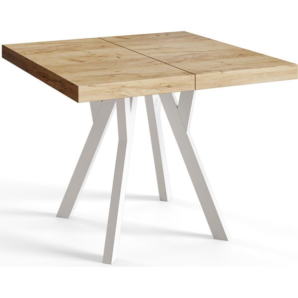 Tavolo Da Pranzo Quadrato Rico, Tavolo Allungabile, Dimensioni: 120-220X120X77 Cm, Tavolo Da Soggiorno Colore: Craft, Con Gambe In Legno Di Colore Bianco-image