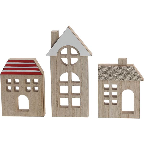 Set Di 3 Case Decorative In Legno Massiccio - Città Con Tetti Colorati - Circa 20 Cm-image