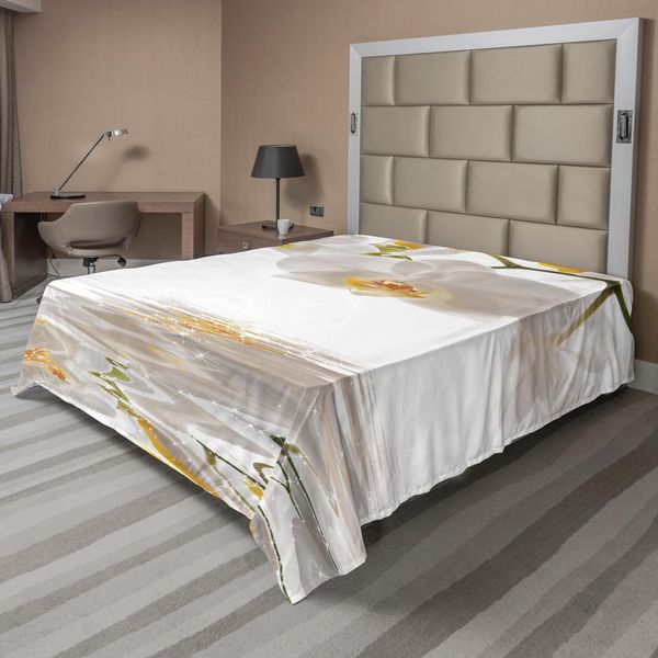 Abakuhaus Lenzuolo Con Fiori, Romantico Ramo Di Orchidee Su Sfondo Con Spruzzi D'acqua, Lenzuolo Morbido E Confortevole Per Un Letto Decorativo 1 Pezzo 260 Cm X 228 Cm, Bianco E Arancione-image