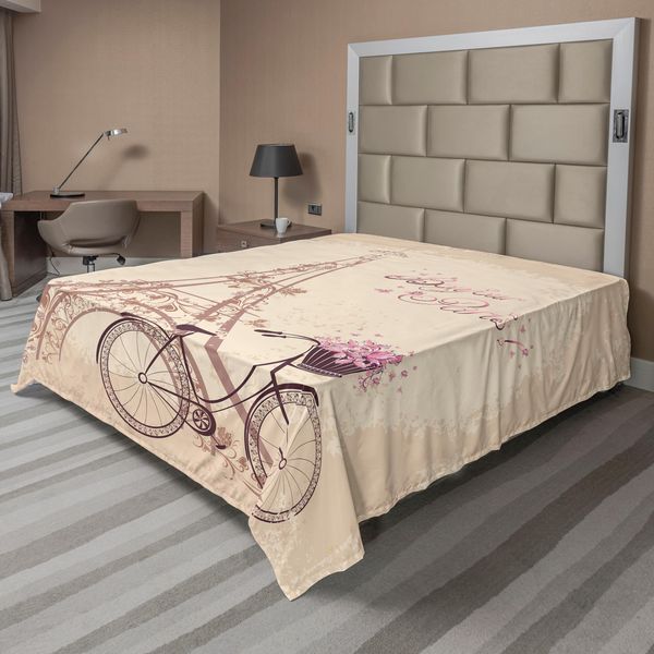 Abakuhaus Paris Lenzuolo, "Torre Eiffel - Fiori - Romantico - Vendemmia - Bicicletta Con Fiori"" ""Bonjour Paris"" ""Stampa Con Citazione"", Lenzuolo Morbido E Confortevole Per Un Letto Decorativo 1 Pezzo 244 Cm X 205 Cm, Beige"-image