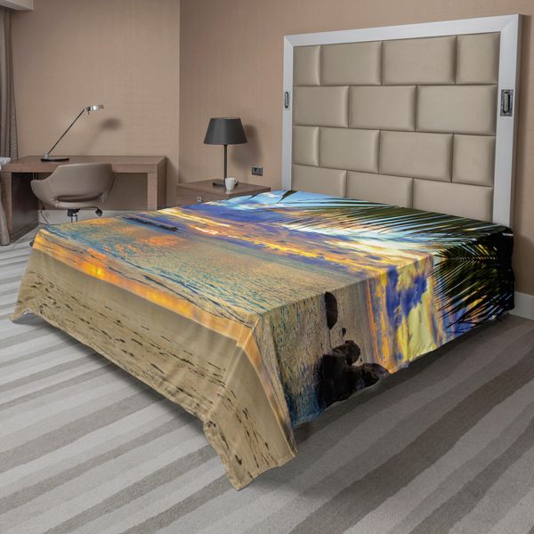 Abakuhaus Lenzuolo Tropicale, Tramonto Esotico Sulla Spiaggia, Palme Delle Hawaii, Fogliame, Idilliaca Estate, Fotografia Naturalistica, Lenzuolo Morbido E Confortevole Per Un Letto Decorativo, 1 Pezzo, 275 Cm X 260 Cm, Multicolore-image