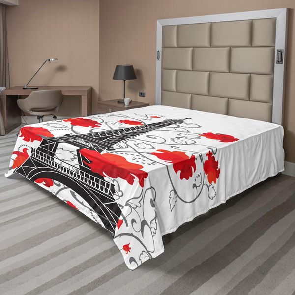 Abakuhaus Lenzuolo Torre Eiffel, Disegni Astratti E Moderni Dei Monumenti Di Parigi Con Elaborati Fiori Ricci, Morbido E Confortevole Lenzuolo Superiore Per Un Letto Decorativo 1 Pezzo 244 Cm X 205 Cm, Vermiglio, Nero E Grigio-image