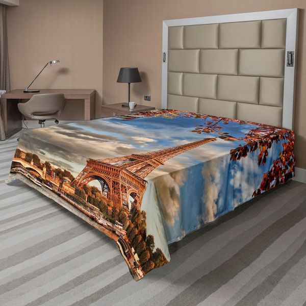 Abakuhaus Paris Lenzuolo, Torre Eiffel In Autunno Foglie Autunnali E Cielo Nuvoloso, Morbido E Confortevole Lenzuolo Superiore Per Un Letto Decorativo 1 Pezzo 266 Cm X 260 Cm, Burnt Sienna Multicolore-image