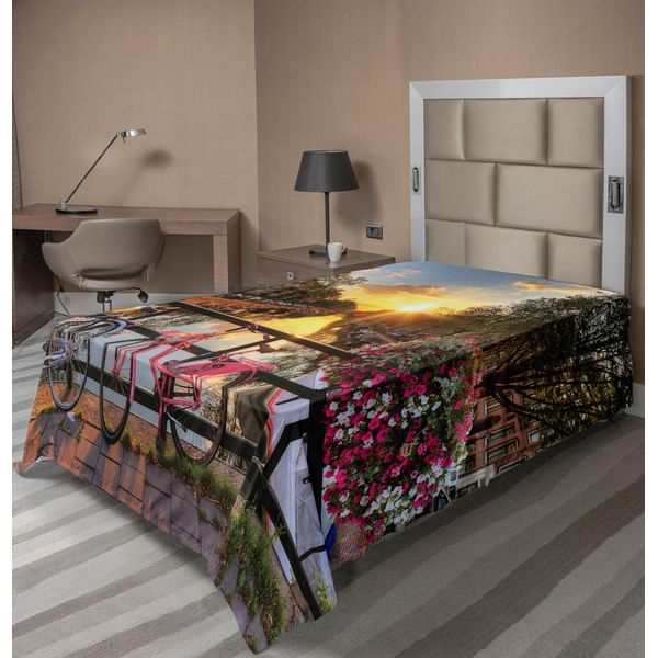 Abakuhaus Lenzuolo Città, Olanda Amsterdam Foto Della Città Con Tramonto Sul Canale E Biciclette Sfere Floreali, Lenzuolo Superiore Morbido E Confortevole Per Un Letto Decorativo 1 Pezzo 190 Cm X 100 Cm, Multicolore-image