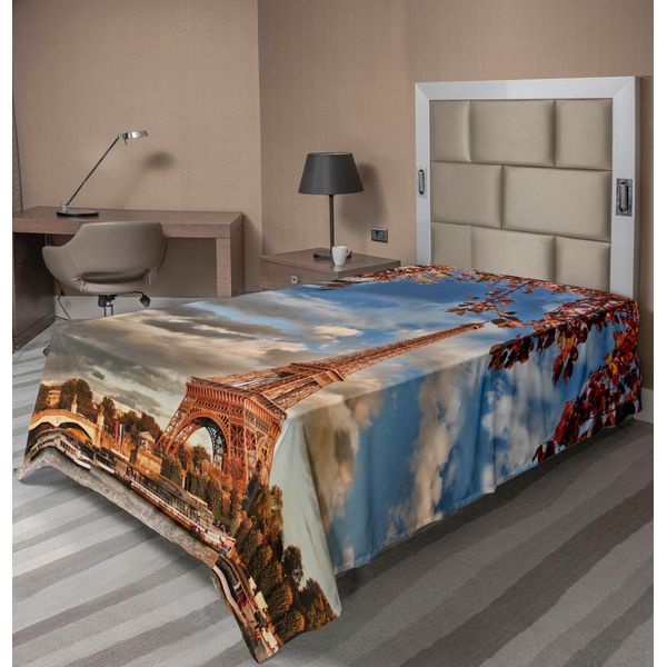 Abakuhaus Paris Lenzuolo, Torre Eiffel In Autunno Foglie Autunnali E Cielo Nuvoloso, Morbido E Confortevole Lenzuolo Superiore Per Un Letto Decorativo 1 Pezzo 190 Cm X 100 Cm, Burnt Sienna Multicolore-image