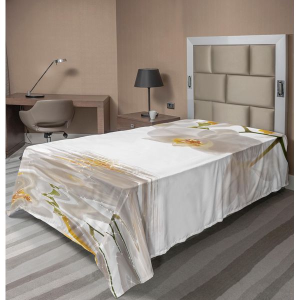 Abakuhaus Lenzuolo Con Fiori, Romantico Ramo Di Orchidee Su Sfondo Con Motivo Acquatico, Morbido E Confortevole Lenzuolo Superiore Per Un Letto Decorativo 1 Pezzo 190 Cm X 100 Cm, Bianco E Arancione-image