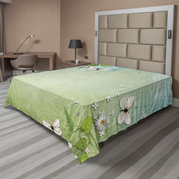 Abakuhaus Lenzuolo Primaverile, Naturale Con Fiori E Farfalle, Morbido E Confortevole Lenzuolo Superiore Per Un Letto Decorativo 1 Pezzo 260 Cm X 228 Cm, Verde Lime Azzurro-image