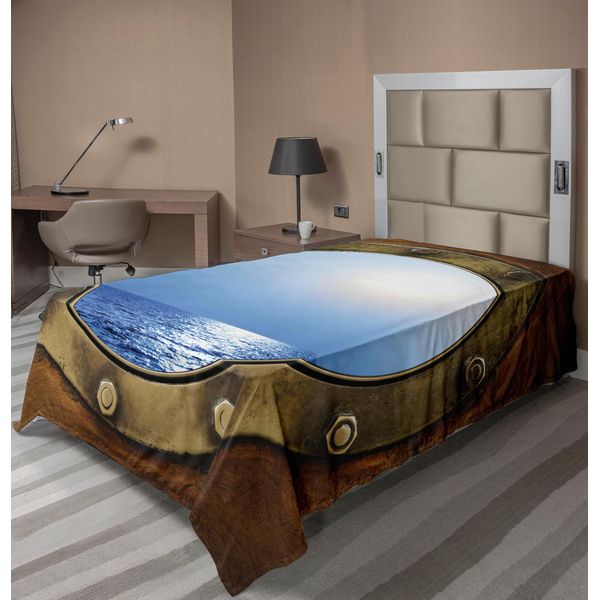 Abakuhaus Lenzuolo Con Motivo Navale, Finestra Con Nave Nel Porto Design Marittimo Ocean Nautical, Lenzuolo Morbido E Confortevole Per Un Letto Decorativo 1 Pezzo 260 Cm X 168 Cm, Marrone Blu Terra Giallo-image