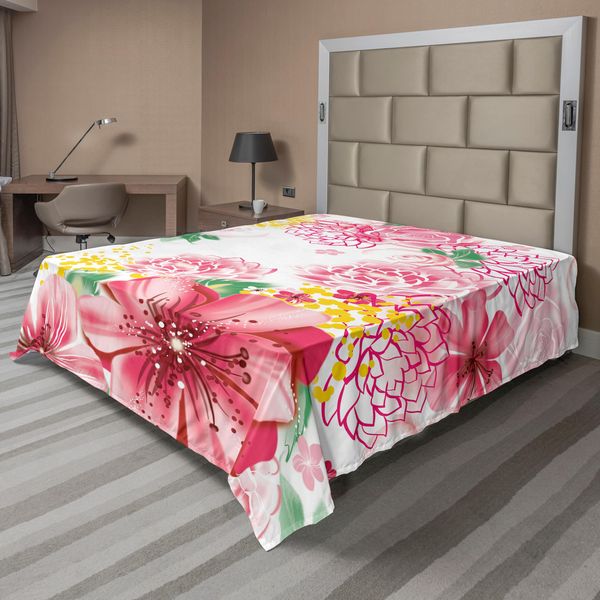 Abakuhaus Lenzuolo Con Fiori, Fiori Esotici Di Peonia E Foglie Con Pois, Lenzuolo Morbido E Confortevole Per Un Letto Decorativo 1 Pezzo 244 Cm X 205 Cm, Rosa Pastello Senape-image