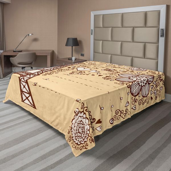 Abakuhaus Lenzuolo Torre Eiffel, Stile Francese Amore A Parigi Scritta Con Contorno Doodle Sketch Fiori, Lenzuolo Superiore Morbido E Confortevole Per Un Letto Decorativo 1 Pezzo 266 Cm X 260 Cm, Beige Cioccolato-image