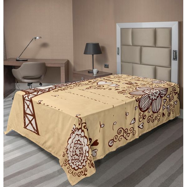 Abakuhaus Lenzuolo Torre Eiffel, Stile Francese Amore A Parigi Scritta Con Contorno Doodle Sketch Fiori, Lenzuolo Superiore Morbido E Confortevole Per Un Letto Decorativo 1 Pezzo 190 Cm X 100 Cm, Beige Cioccolato-image