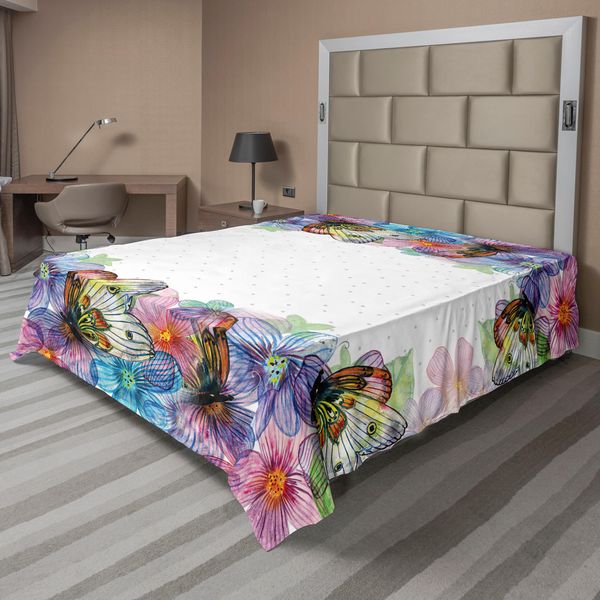 Abakuhaus Lenzuolo Con Fiori, Disegno Acquerellato Con Petali Di Fiori Primaverili E Bordi Smerlati, Lenzuolo Morbido E Confortevole Per Un Letto Decorativo 1 Pezzo 275 Cm X 260 Cm, Multicolore-image