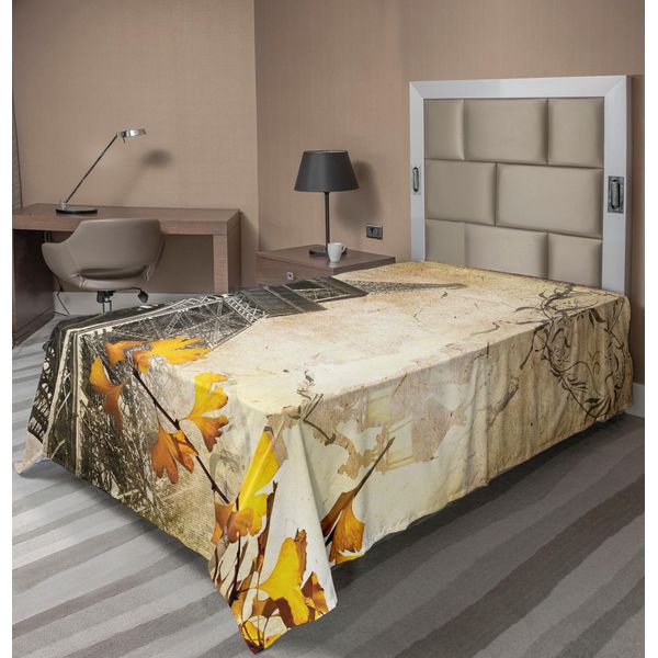 Abakuhaus Lenzuolo Torre Eiffel, Foglie Che Cadono In Amore Romantico Stampa Autunnale, Lenzuolo Morbido E Confortevole Per Un Letto Decorativo 1 Pezzo 260 Cm X 168 Cm, Beige Coke Grigio-image