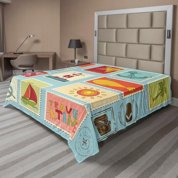 Abakuhaus Lenzuolo SeestüCk, Tema Marittimo Faro E Ancora Palme Balena Spiaggia Vela Nodo Motivo Fumetto, Lenzuolo Morbido E Confortevole Per Un Letto Decorativo 1 Pezzo 260 Cm X 228 Cm, Multicolore-image