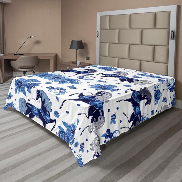 Abakuhaus Lenzuolo Con Cavalli, Motivo Monocromatico Ripetuto Di Cavalli E Fiori, Lenzuolo Superiore Morbido E Confortevole Per Un Letto Decorativo 1 Pezzo 260 Cm X 228 Cm, Blu Blu Scuro Bianco-image