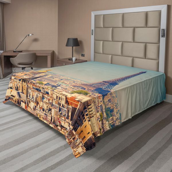 Abakuhaus Lenzuolo Torre Eiffel, Panorama Di Parigi Francia Con Famosi Monumenti E Attrazioni Turistiche, Morbido E Confortevole Lenzuolo Superiore Per Un Letto Decorativo 1 Pezzo 275 Cm X 260 Cm, Multicolore-image