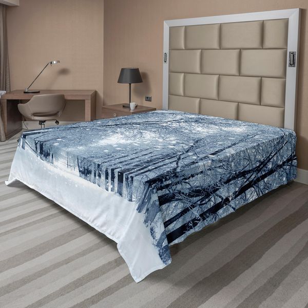 Abakuhaus Lenzuolo Da Letto Bosco, Alberi Innevati Nel Bosco Verso Sera Nel Bosco Paesaggistico Foto, Lenzuolo Superiore Morbido E Confortevole Per Un Letto Decorativo 1 Pezzo 275 Cm X 260 Cm, Bianco Grigio Nero-image