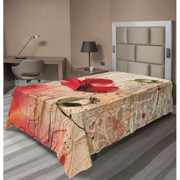 Abakuhaus Lenzuolo Con Fiori, Romantico Effetto Pennellata Con Papaveri, Motivo Floreale Beige, Lenzuolo Morbido E Confortevole Per Un Letto Decorativo, 1 Pezzo, 260 Cm X 168 Cm, Multicolore-image