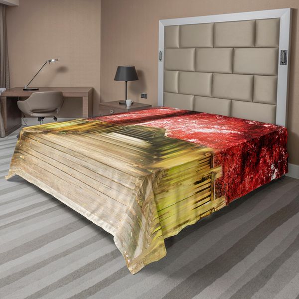 Abakuhaus Lenzuolo Autunnale, Toni Astratti Vinosi Foresta Con Pontile In Legno E Scale, Morbido E Confortevole Lenzuolo Superiore Per Un Letto Decorativo 1 Pezzo 266 Cm X 260 Cm, Rosso Cinabro Marrone Chiaro-image
