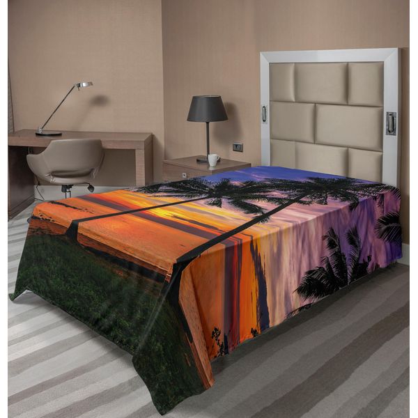 Abakuhaus Lenzuolo Tropicale, Motivo Esotico Con Palme, Spiaggia E Tramonto Sul Mare Alle Hawaii, Stagione Estiva, Lenzuolo Morbido E Confortevole Per Un Letto Decorativo, 1 Pezzo, 260 Cm X 168 Cm, Multicolore-image