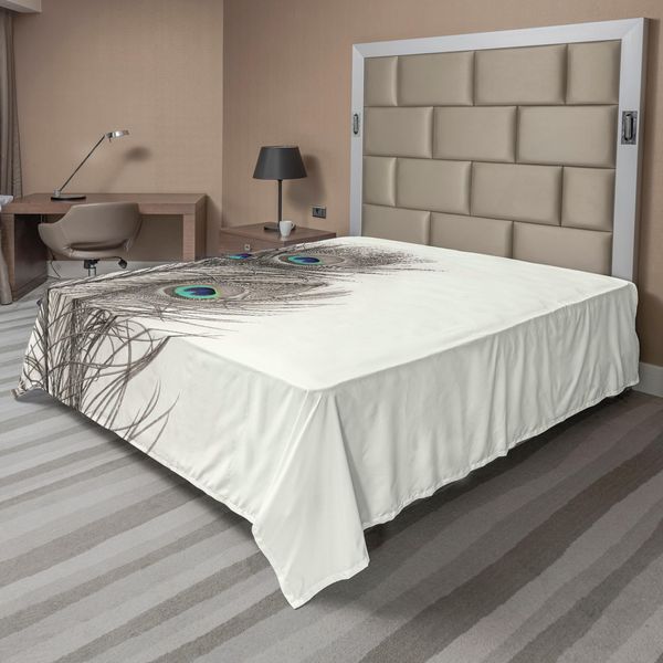 Abakuhaus Lenzuolo Peacock, Piume Dell'uccello Esotico Su Sfondo Bianco Con Motivo Boemo Di Animali, Morbido E Confortevole Lenzuolo Superiore Per Un Letto Decorativo 1 Pezzo 244 Cm X 205 Cm, Bianco, Tortora E Blu-image