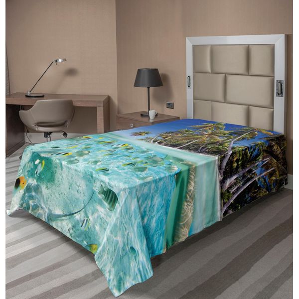Abakuhaus Lenzuolo Subacqueo, Oceano Tropical Island Falter Beach Ocean Costa Esotica Con Sabbia E Palme, Morbido E Confortevole Lenzuolo Superiore Per Un Letto Decorativo 1 Pezzo 190 Cm X 100 Cm, Acquamarina E Blu-image