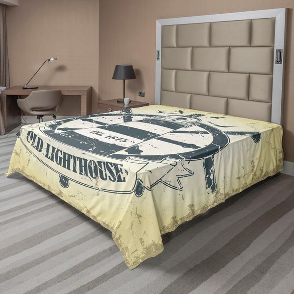 Abakuhaus Lenzuolo Nautico, Costa Retrò, Vecchio Faro, Nave, Timone, Uccelli Marini Antichi, Gabbiani, Lenzuolo Morbido E Confortevole Per Un Letto Decorativo, 1 Pezzo, 275 Cm X 260 Cm, Grigio, Giallo, Blu-Grigio-image