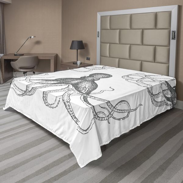 Abakuhaus Lenzuolo Con Calamaro, Disegno Artistico Ispirato All'oceano Raffigurante Un Animale Con Lunghi Tentacoli Marine Life Undersea, Morbido E Confortevole Lenzuolo Superiore Per Un Letto Decorativo 1 Pezzo 275 Cm X 260 Cm, Bianco Grigio-image