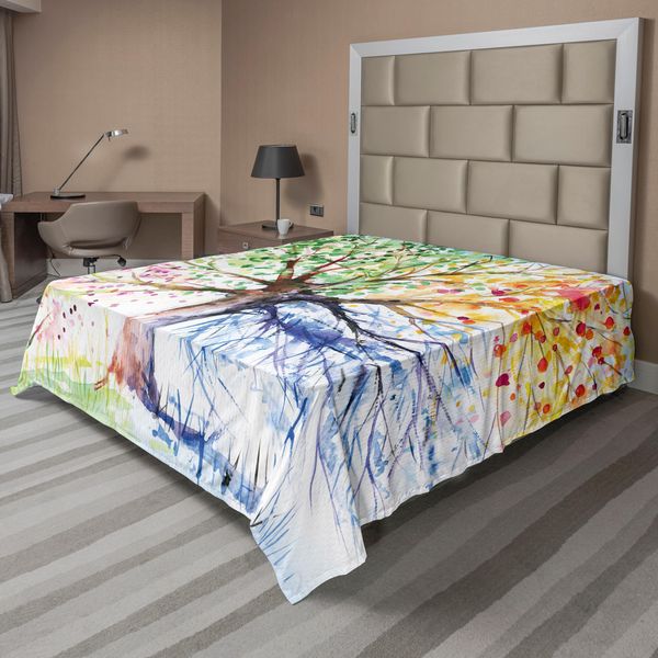 Abakuhaus Lenzuolo Con Motivo Alberi, Quattro Stagioni Albero Artistico Con Motivo Foglie Colorate In Fiore, Lenzuolo Morbido E Confortevole Per Un Letto Decorativo 1 Pezzo 266 Cm X 260 Cm, Multicolore-image