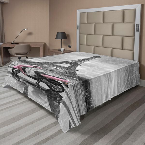 Abakuhaus Lenzuolo Torre Eiffel, Scena Di Parigi Con Sfondo Della Città In Scala Di Grigi E Motorino Rosa Romantic Photography, Lenzuolo Morbido E Confortevole Per Un Letto Decorativo 1 Pezzo 244 Cm X 205 Cm, Grigio Rosa-image