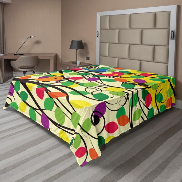 Abakuhaus Lenzuolo Con Uccellini, Simpatici Uccellini Felici Che Cantano Su Vivaci Rami Di Alberi Con Foglie Primaverili Colorate, Morbido E Confortevole Lenzuolo Superiore Per Un Letto Decorativo 1 Pezzo 260 Cm X 228 Cm, Multicolore-image