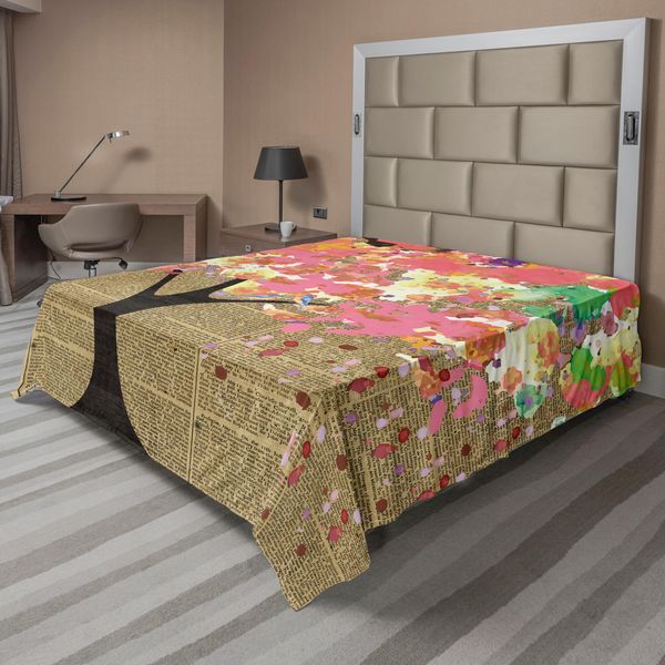 Abakuhaus Lenzuolo Con Motivo Alberi, Uccellini Felici Che Cantano Su Rami Vivaci Con Foglie Primaverili Colorate, Lenzuolo Morbido E Confortevole Per Un Letto Decorativo 1 Pezzo 266 Cm X 260 Cm, Multicolore-image