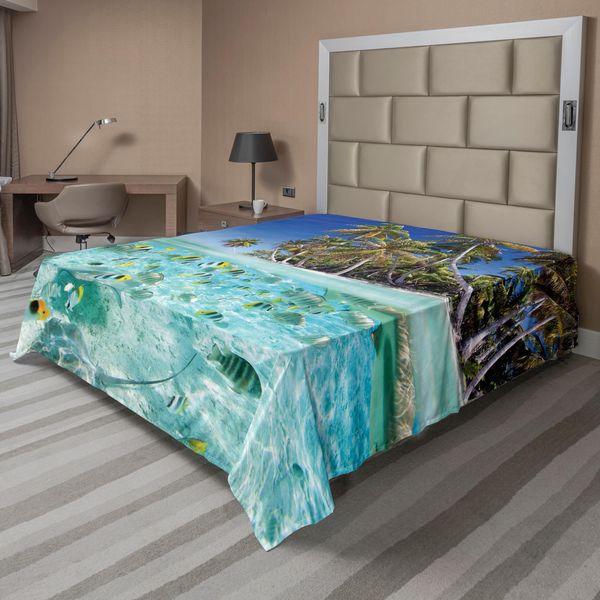 Abakuhaus Lenzuolo Subacqueo, Oceano Tropical Island Falter Beach Ocean Costa Esotica Con Sabbia E Palme, Morbido E Confortevole Lenzuolo Superiore Per Un Letto Decorativo 1 Pezzo 275 Cm X 260 Cm, Acquamarina E Blu-image