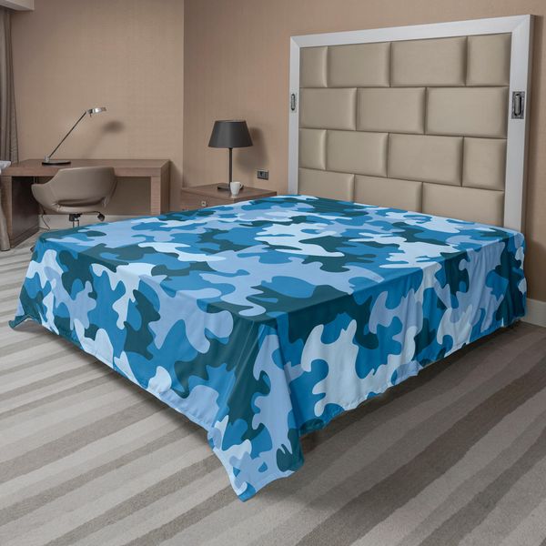 Abakuhaus Lenzuolo Camo, Composizione Colorata Con Forme Astratte In Tonalità Blu Scuro E Chiaro, Lenzuolo Morbido E Confortevole Per Un Letto Decorativo 1 Pezzo 260 Cm X 228 Cm, Blu E Azzurro-image
