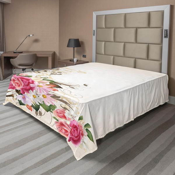 Abakuhaus Lenzuolo Con Fiori, Composizione Illustrata Di Fiori Primaverili E Note Musicali, Lenzuolo Superiore Morbido E Confortevole Per Un Letto Decorativo 1 Pezzo 244 Cm X 205 Cm, Multicolore Guscio D'uovo-image