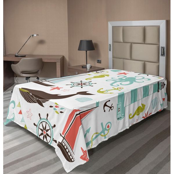 Abakuhaus Lenzuolo Nautico, Faro, Barca A Vela, Pesce, Conchiglia, Polpo, Ancora, Cuore, Nodo, Motivi Decorativi, Lenzuolo Morbido E Confortevole Per Un Letto Decorativo, 1 Pezzo, 260 Cm X 168 Cm, Multicolore-image