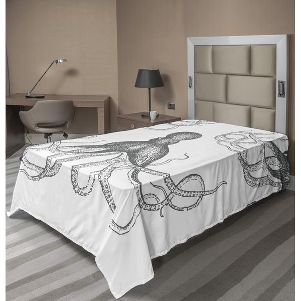 Abakuhaus Lenzuolo Con Calamaro, Disegno Artistico Ispirato All'oceano Raffigurante Un Animale Con Lunghi Tentacoli Marine Life Undersea, Morbido E Confortevole Lenzuolo Superiore Per Un Letto Decorativo 1 Pezzo 260 Cm X 168 Cm, Bianco Grigio-image