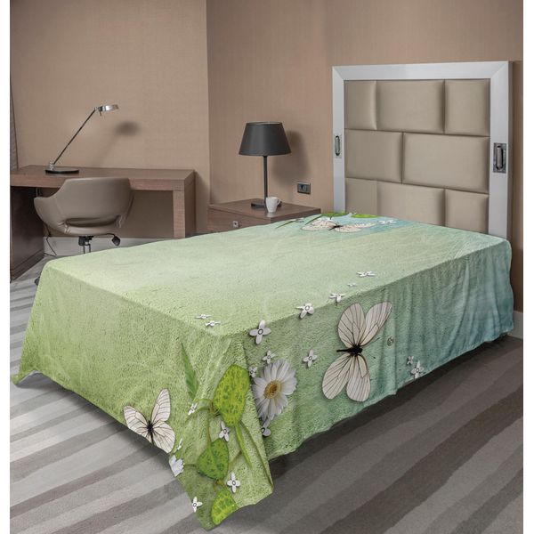 Abakuhaus Lenzuolo Primaverile, Naturale Con Fiori E Farfalle, Morbido E Confortevole Lenzuolo Superiore Per Un Letto Decorativo 1 Pezzo 260 Cm X 168 Cm, Verde Lime Azzurro-image