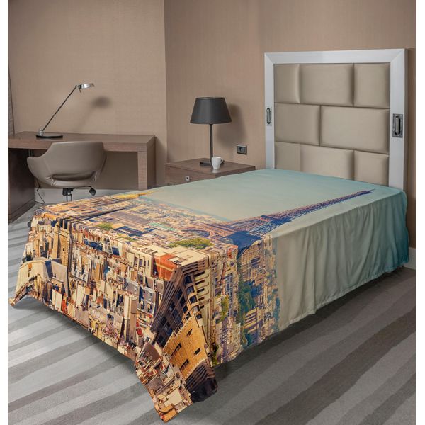 Abakuhaus Lenzuolo Torre Eiffel, Panorama Di Parigi Francia Con Famosi Monumenti E Attrazioni Turistiche, Morbido E Confortevole Lenzuolo Superiore Per Un Letto Decorativo 1 Pezzo 190 Cm X 100 Cm, Multicolore-image