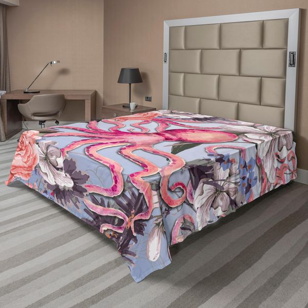 Abakuhaus Lenzuolo Con Motivo A Polpo, Stile Acquerello, Motivo Vintage Con Polpo E Delicati Fiori, Lenzuolo Morbido E Confortevole Per Un Letto Decorativo, 1 Pezzo, 260 Cm X 228 Cm, Multicolore-image