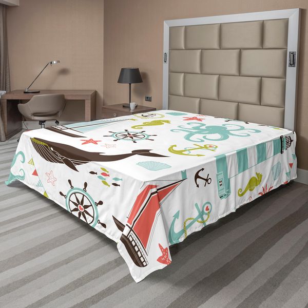 Abakuhaus Lenzuolo Nautico, Faro, Barca A Vela, Pesce, Conchiglia, Polpo, Ancora, Cuore, Nodo, Motivi, Lenzuolo Morbido E Confortevole Per Un Letto Decorativo, 1 Pezzo, 244 Cm X 205 Cm, Multicolore-image