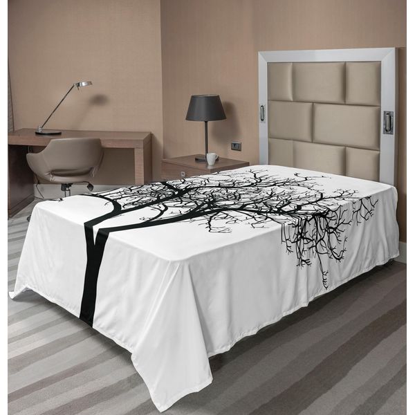 Abakuhaus Lenzuolo Con Albero Solitario, Rami Spogli Monocromatici E Semplici Di Un Albero Invernale A Tema Naturale, Morbido E Confortevole Lenzuolo Superiore Per Un Letto Decorativo 1 Pezzo 190 Cm X 100 Cm, Bianco E Nero-image