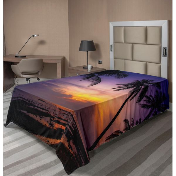 Abakuhaus Lenzuolo Sunset, Foto Esotica Con Silhouette Di Palme Tropicali E Oceano Al Tramonto, Morbido E Confortevole Lenzuolo Superiore Per Un Letto Decorativo 1 Pezzo 190 Cm X 100 Cm, Multicolore-image